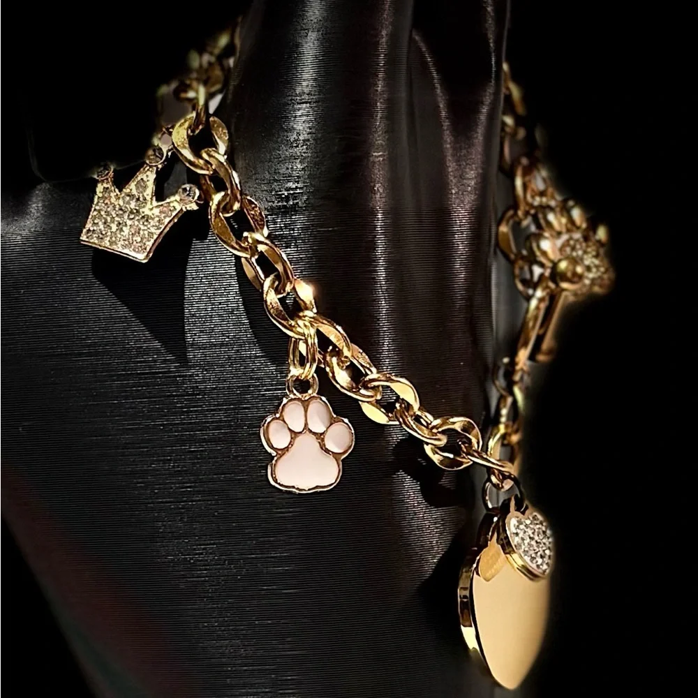 Gold Charm Bracelet with Heart and Paw Charms